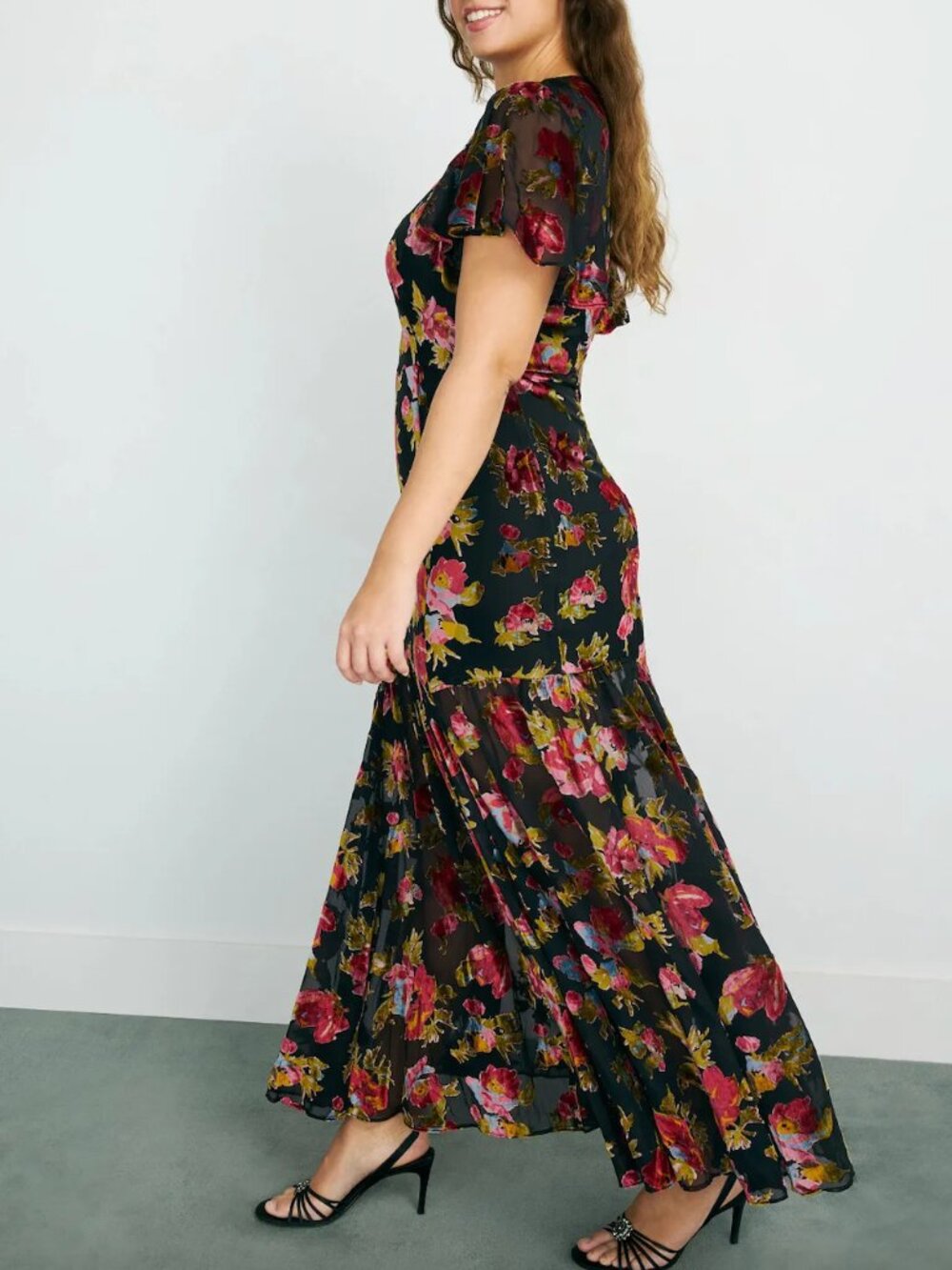 Rixo x RTR Velvet Floral Gown in Black & Red Formal Maxi Dress Short Sleeve 10 - Picture 4 of 7